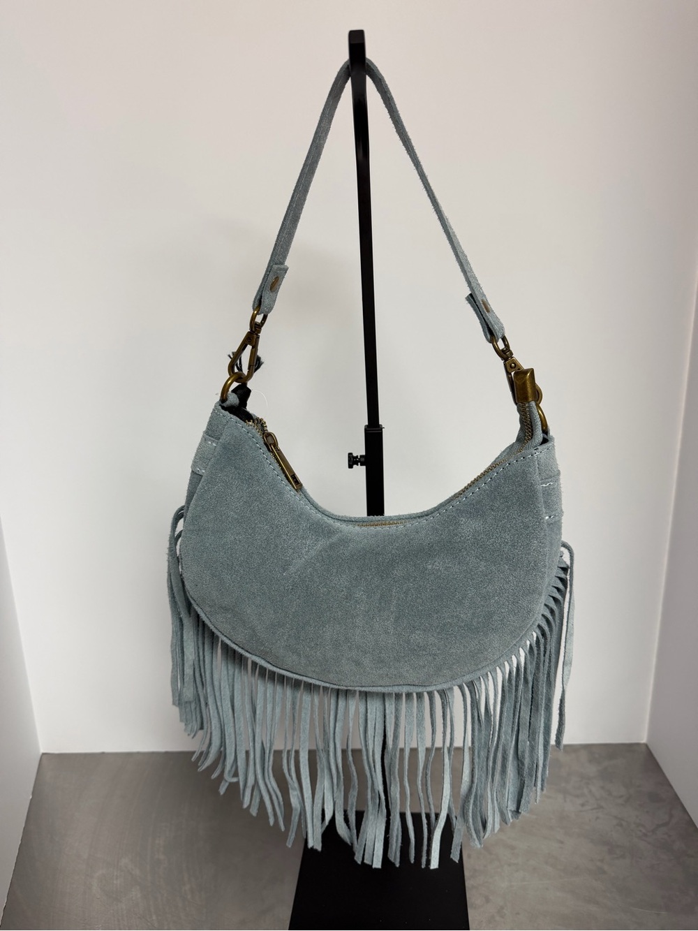 NWT! Marlon ITALY -Sexy Fringed Suede Shoulder Bag in Light Blue-BEAUTIFUL